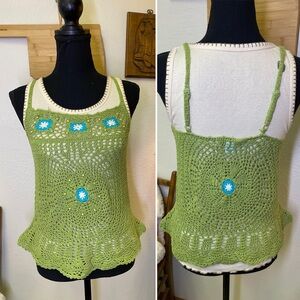 Vintage One Step Up Y2K Green Floral Crochet Knit Cami Tank Top L Boho Fairy